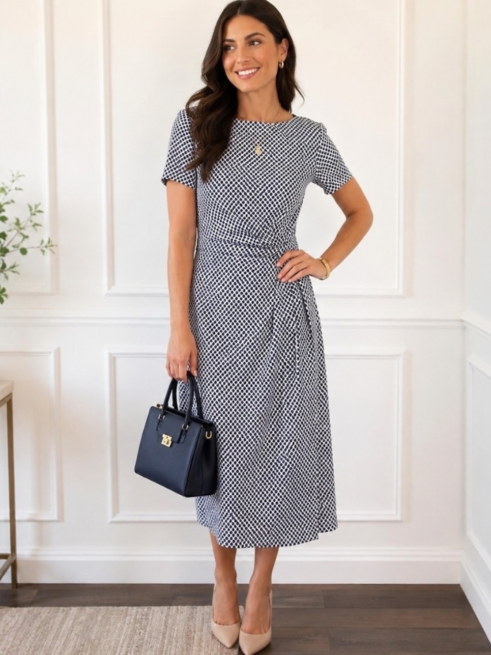 Tory Burch Silk Polka Dot Faux Wrap Midi Dress Blue White Short Sleeve M